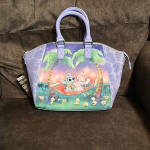 Loungefly Purple Satchel with Stitch and Angel Hammock Tote and long Strap NWT